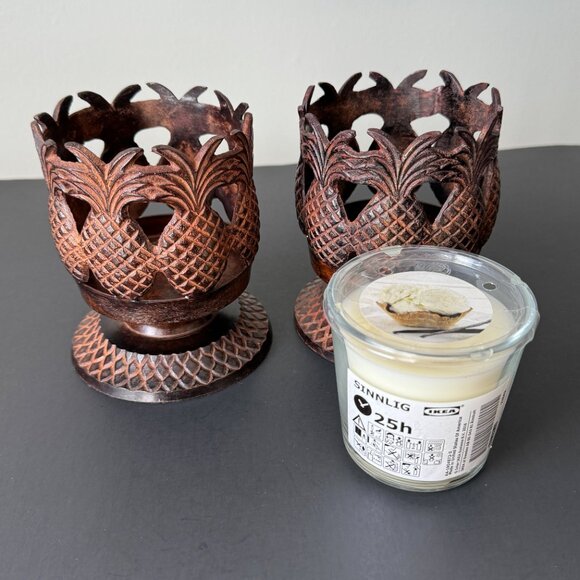 Pineapple Pedestal Candleholders Set of 2 Metal Art - Picture 3 of 15